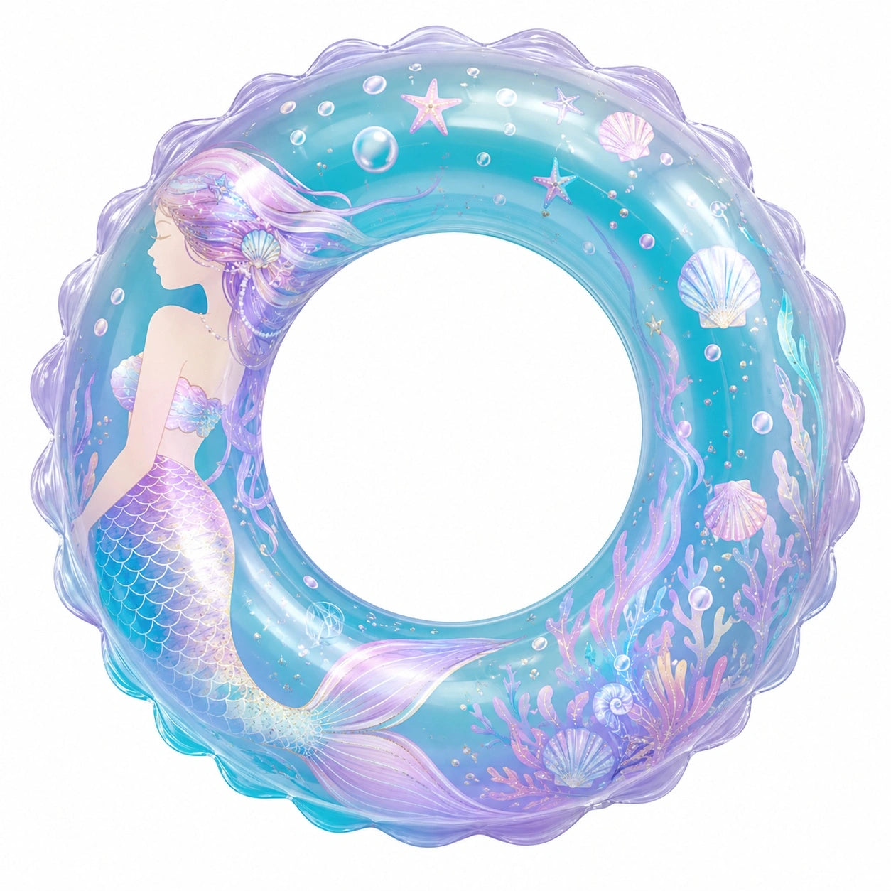 Meerjungfrau Schwimmring mit Muschel- und Korallenmotiven, Türkis/Violett, 80cm